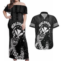Hawaii King Kamehameha Day Parade Couples Matching Off Shoulder Maxi Dress and Hawaiian Shirt With Pa'u Riders Plumeria Kakau Tribal Pattern LT05 Black - Polynesian Pride