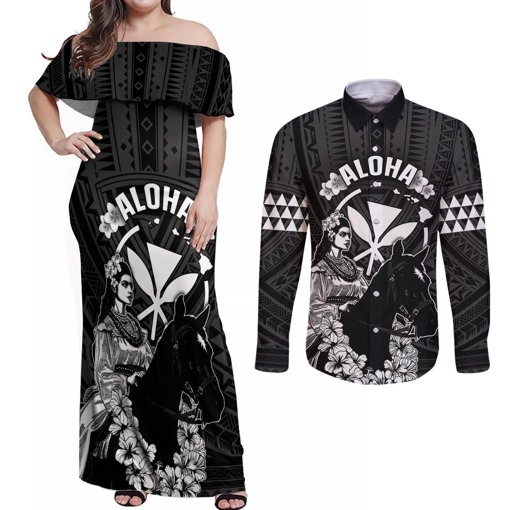 Hawaii King Kamehameha Day Parade Couples Matching Off Shoulder Maxi Dress and Long Sleeve Button Shirt With Pa'u Riders Plumeria Kakau Tribal Pattern LT05 Black - Polynesian Pride