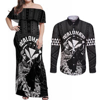 Hawaii King Kamehameha Day Parade Couples Matching Off Shoulder Maxi Dress and Long Sleeve Button Shirt With Pa'u Riders Plumeria Kakau Tribal Pattern LT05 Black - Polynesian Pride