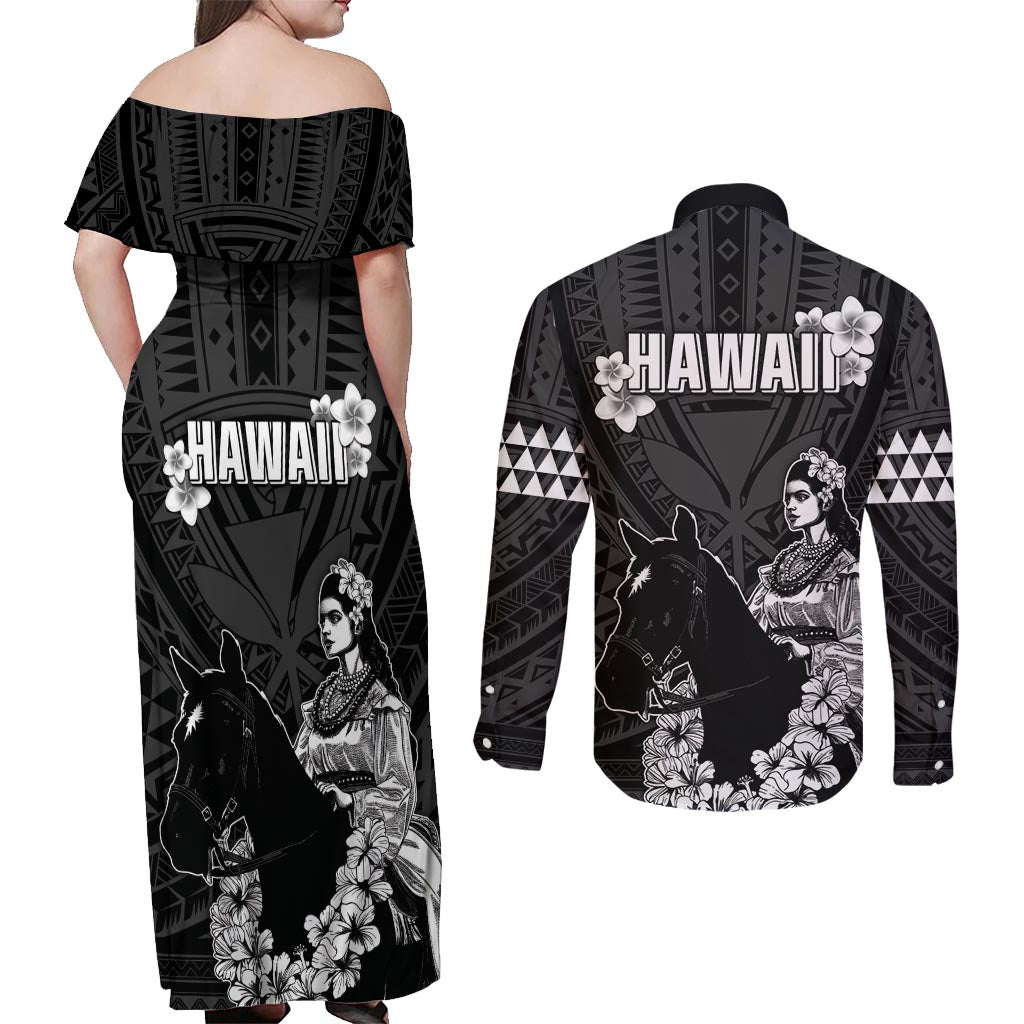 Hawaii King Kamehameha Day Parade Couples Matching Off Shoulder Maxi Dress and Long Sleeve Button Shirt With Pa'u Riders Plumeria Kakau Tribal Pattern LT05 - Polynesian Pride