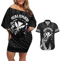 Hawaii King Kamehameha Day Parade Couples Matching Off Shoulder Short Dress and Hawaiian Shirt With Pa'u Riders Plumeria Kakau Tribal Pattern LT05 Black - Polynesian Pride