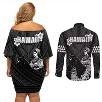 Hawaii King Kamehameha Day Parade Couples Matching Off Shoulder Short Dress and Long Sleeve Button Shirt With Pa'u Riders Plumeria Kakau Tribal Pattern LT05 - Polynesian Pride