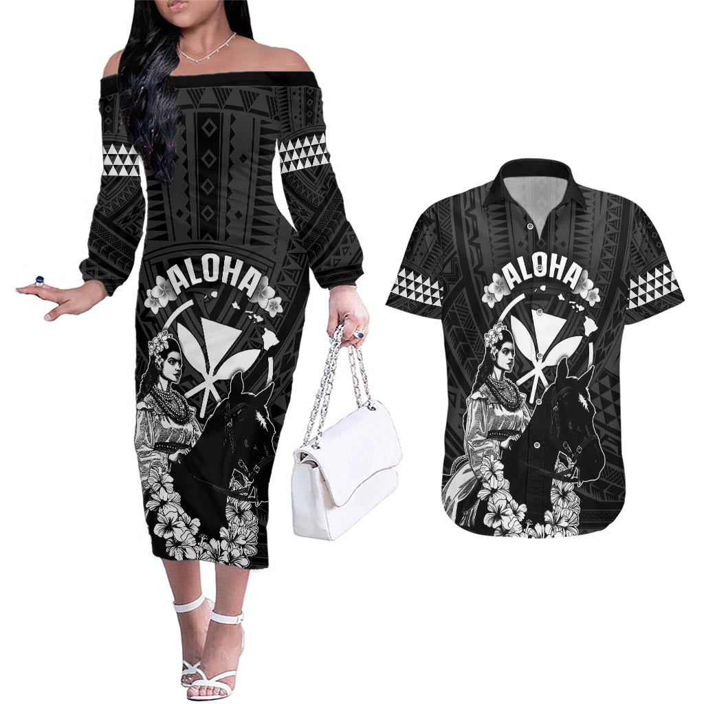 Hawaii King Kamehameha Day Parade Couples Matching Off The Shoulder Long Sleeve Dress and Hawaiian Shirt With Pa'u Riders Plumeria Kakau Tribal Pattern LT05 Black - Polynesian Pride