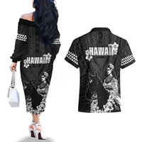 Hawaii King Kamehameha Day Parade Couples Matching Off The Shoulder Long Sleeve Dress and Hawaiian Shirt With Pa'u Riders Plumeria Kakau Tribal Pattern LT05 - Polynesian Pride
