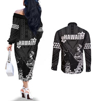 Hawaii King Kamehameha Day Parade Couples Matching Off The Shoulder Long Sleeve Dress and Long Sleeve Button Shirt With Pa'u Riders Plumeria Kakau Tribal Pattern LT05 - Polynesian Pride