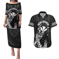 Hawaii King Kamehameha Day Parade Couples Matching Puletasi and Hawaiian Shirt With Pa'u Riders Plumeria Kakau Tribal Pattern LT05 Black - Polynesian Pride
