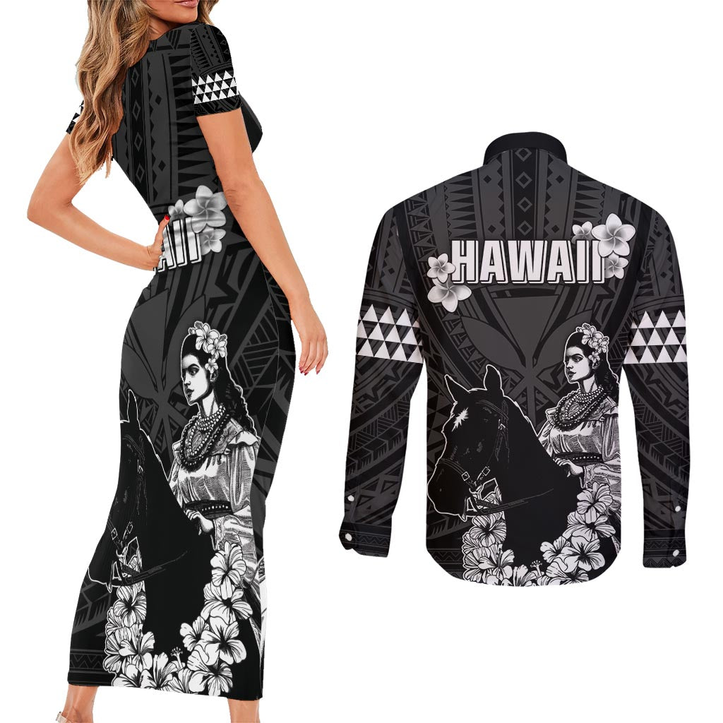 Hawaii King Kamehameha Day Parade Couples Matching Short Sleeve Bodycon Dress and Long Sleeve Button Shirt With Pa'u Riders Plumeria Kakau Tribal Pattern LT05 - Polynesian Pride