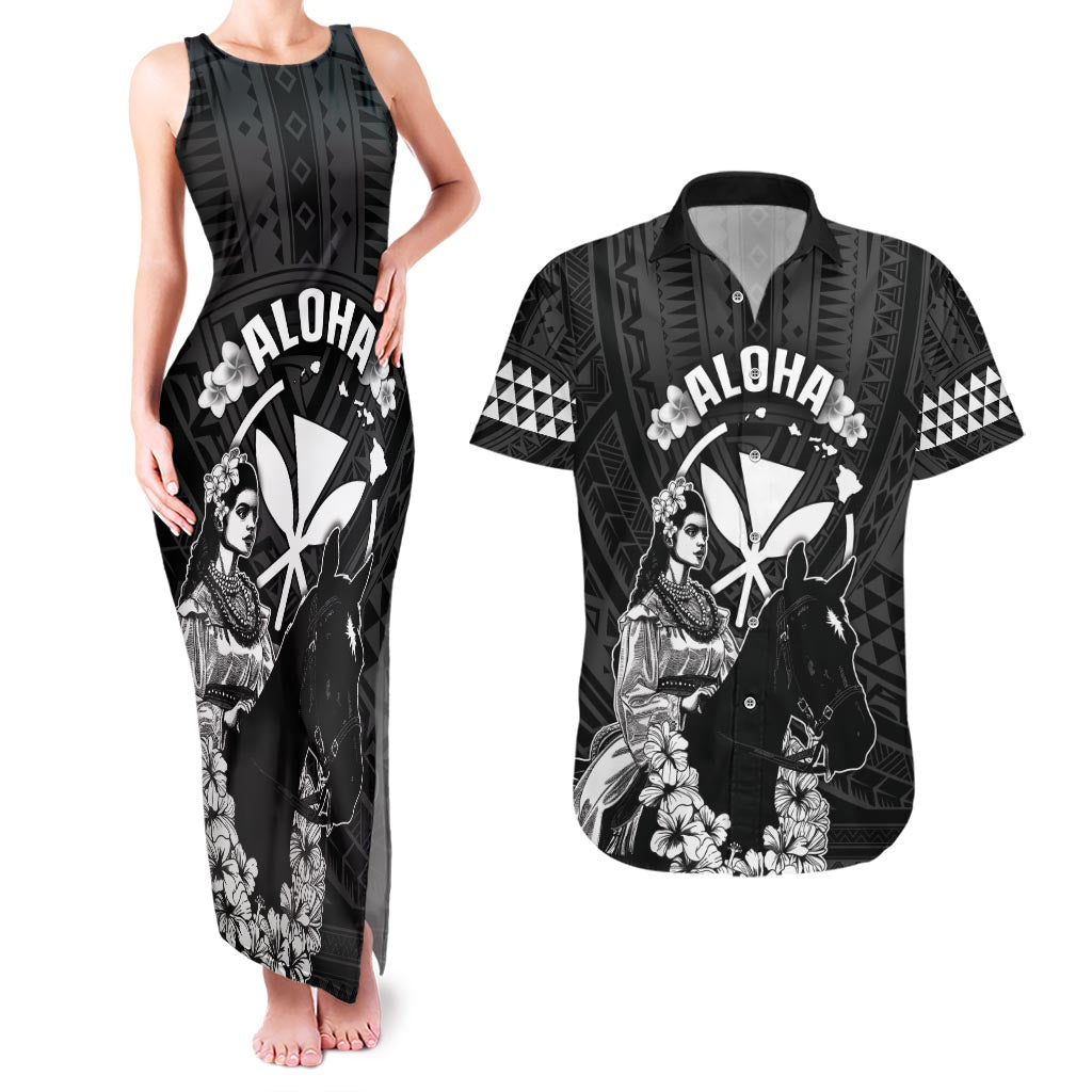 Hawaii King Kamehameha Day Parade Couples Matching Tank Maxi Dress and Hawaiian Shirt With Pa'u Riders Plumeria Kakau Tribal Pattern LT05 Black - Polynesian Pride