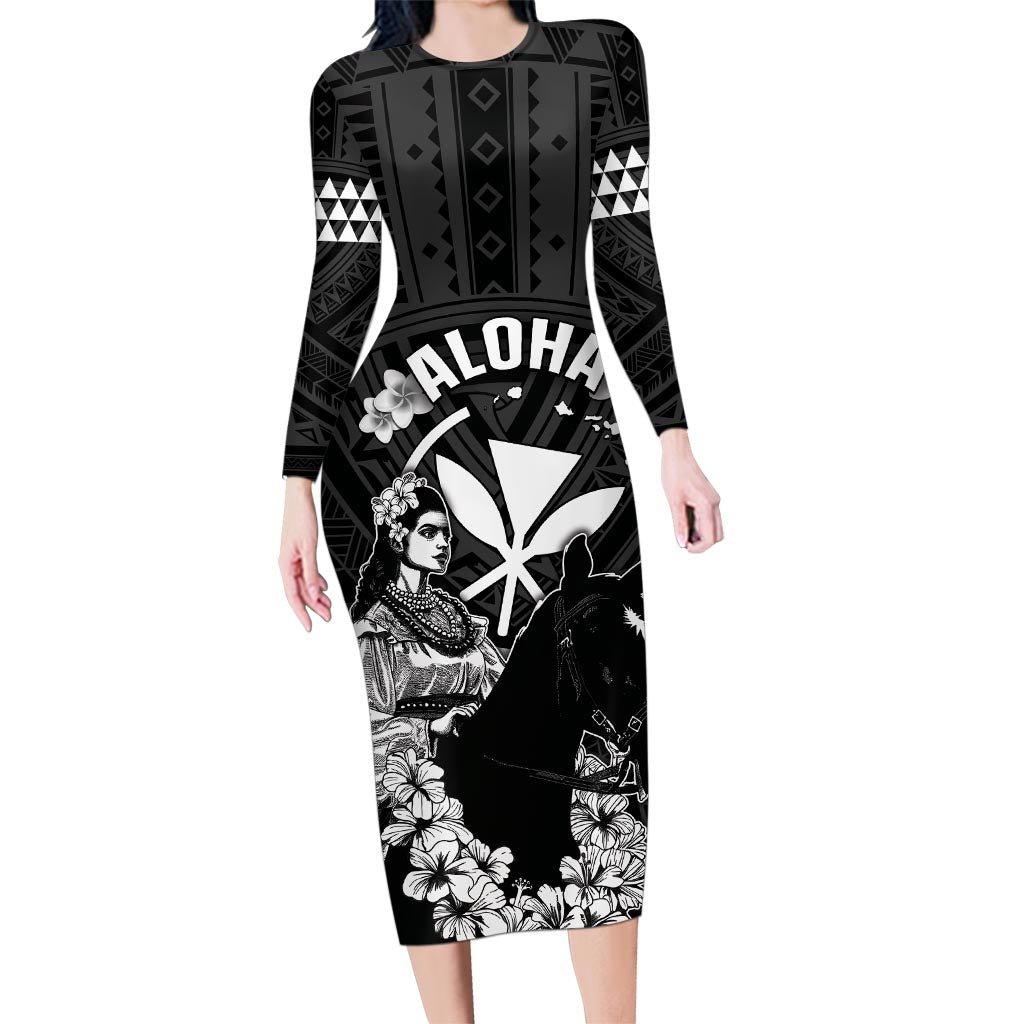 Hawaii King Kamehameha Day Parade Family Matching Long Sleeve Bodycon Dress and Hawaiian Shirt With Pa'u Riders Plumeria Kakau Tribal Pattern LT05 Mom's Dress Black - Polynesian Pride