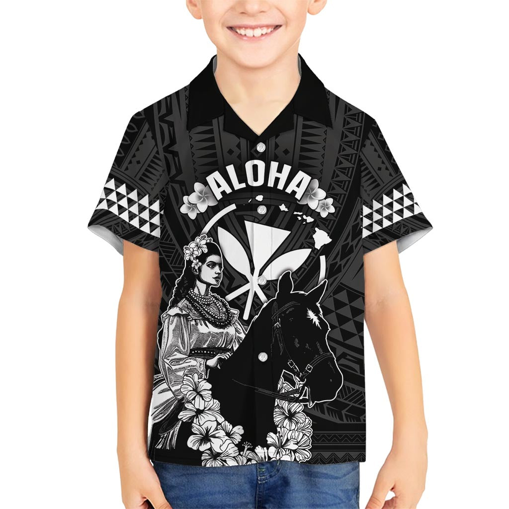 Hawaii King Kamehameha Day Parade Family Matching Long Sleeve Bodycon Dress and Hawaiian Shirt With Pa'u Riders Plumeria Kakau Tribal Pattern LT05 Son's Shirt Black - Polynesian Pride
