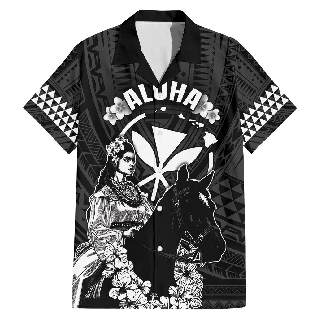Hawaii King Kamehameha Day Parade Family Matching Mermaid Dress and Hawaiian Shirt With Pa'u Riders Plumeria Kakau Tribal Pattern LT05 Dad's Shirt - Short Sleeve Black - Polynesian Pride