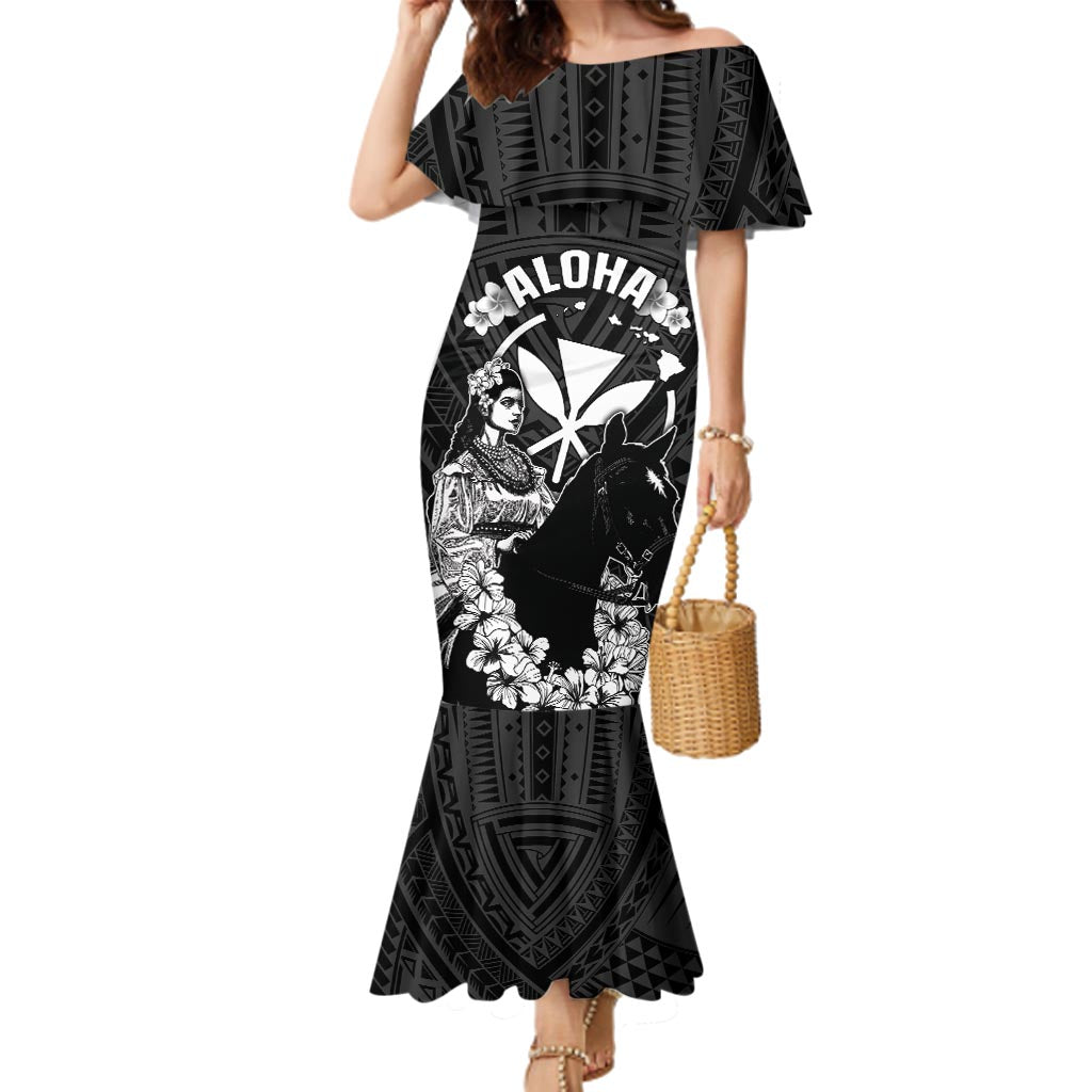 Hawaii King Kamehameha Day Parade Family Matching Mermaid Dress and Hawaiian Shirt With Pa'u Riders Plumeria Kakau Tribal Pattern LT05 Mom's Dress Black - Polynesian Pride