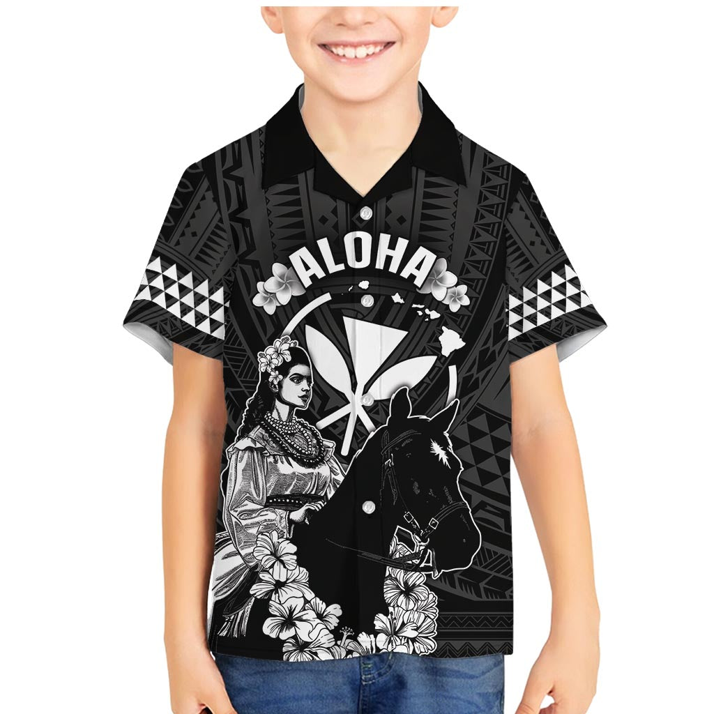 Hawaii King Kamehameha Day Parade Family Matching Mermaid Dress and Hawaiian Shirt With Pa'u Riders Plumeria Kakau Tribal Pattern LT05 Son's Shirt Black - Polynesian Pride
