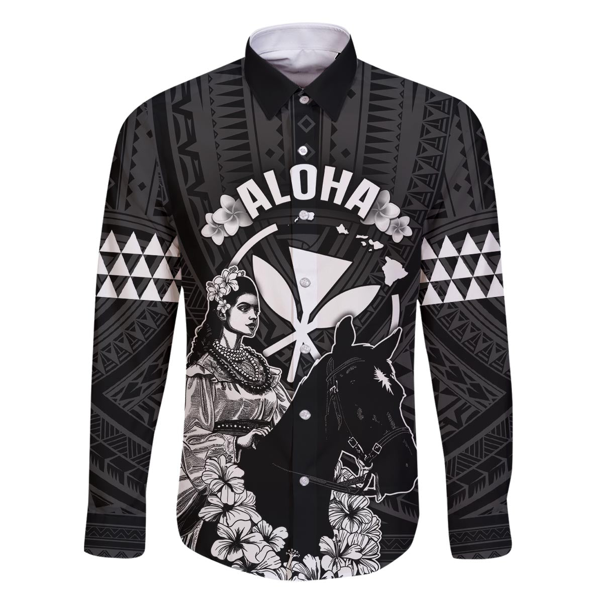 Hawaii King Kamehameha Day Parade Family Matching Off The Shoulder Long Sleeve Dress and Hawaiian Shirt With Pa'u Riders Plumeria Kakau Tribal Pattern LT05 Dad's Shirt - Long Sleeve Black - Polynesian Pride