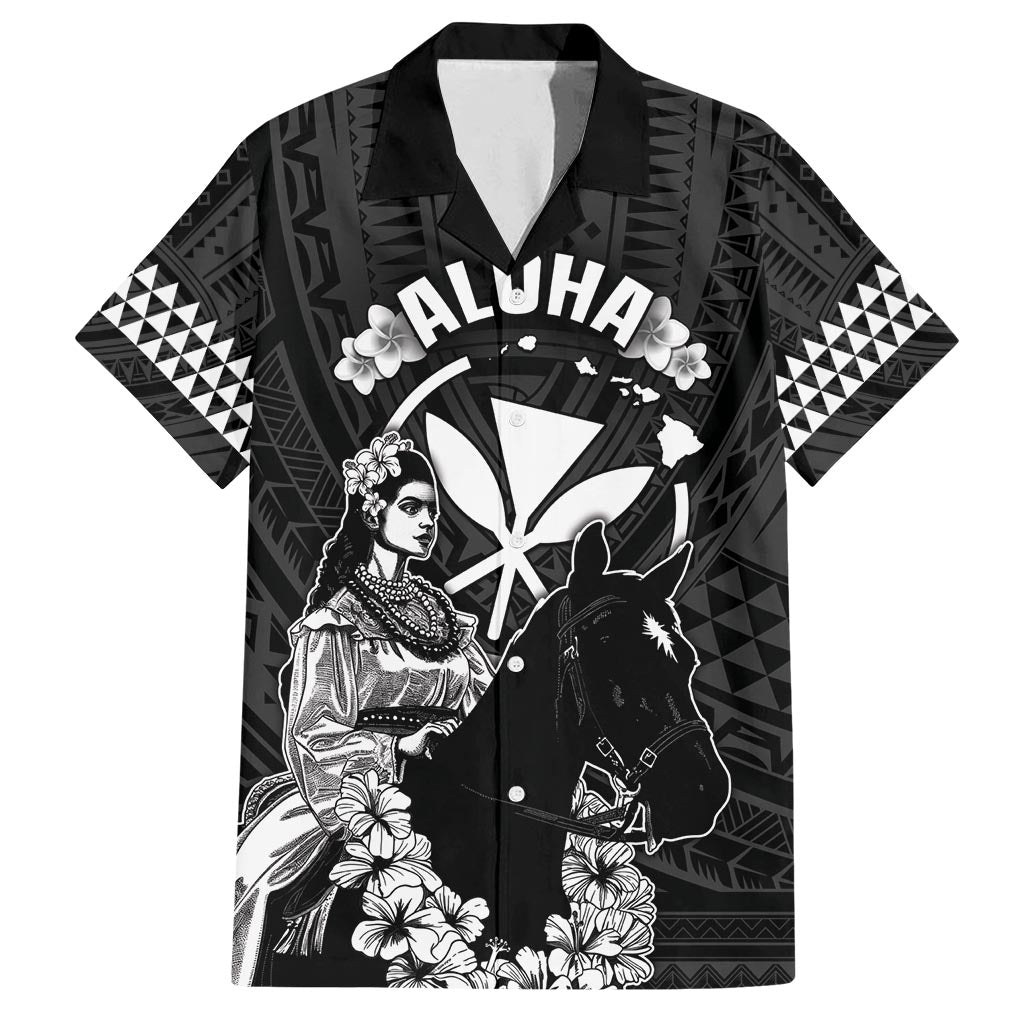 Hawaii King Kamehameha Day Parade Family Matching Off Shoulder Maxi Dress and Hawaiian Shirt With Pa'u Riders Plumeria Kakau Tribal Pattern LT05 Dad's Shirt - Short Sleeve Black - Polynesian Pride