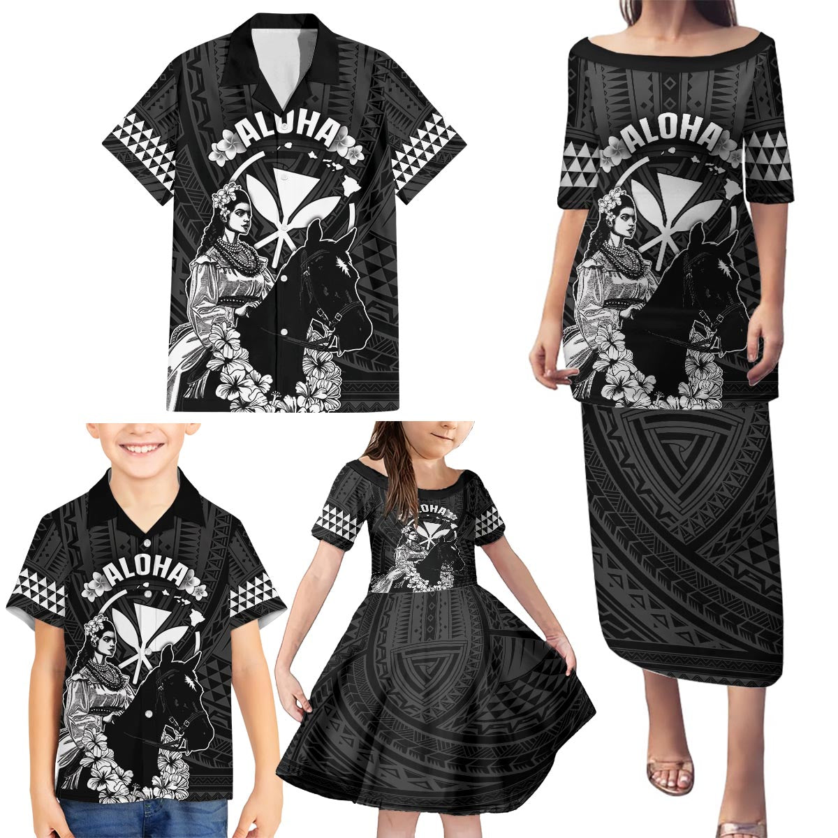 Hawaii King Kamehameha Day Parade Family Matching Puletasi and Hawaiian Shirt With Pa'u Riders Plumeria Kakau Tribal Pattern LT05 - Polynesian Pride