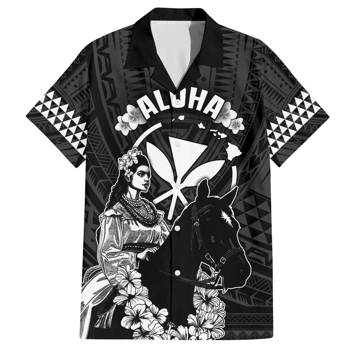 Hawaii King Kamehameha Day Parade Family Matching Puletasi and Hawaiian Shirt With Pa'u Riders Plumeria Kakau Tribal Pattern LT05 Dad's Shirt - Short Sleeve Black - Polynesian Pride
