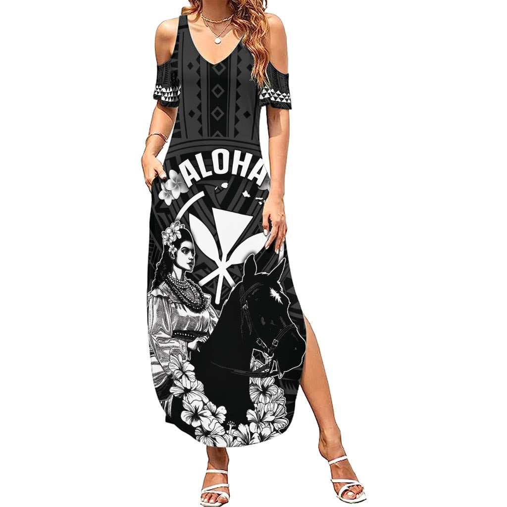Hawaii King Kamehameha Day Parade Family Matching Summer Maxi Dress and Hawaiian Shirt With Pa'u Riders Plumeria Kakau Tribal Pattern LT05 Mom's Dress Black - Polynesian Pride