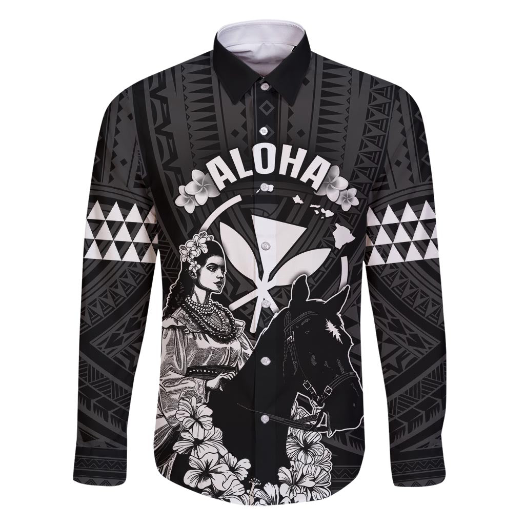 Hawaii King Kamehameha Day Parade Family Matching Tank Maxi Dress and Hawaiian Shirt With Pa'u Riders Plumeria Kakau Tribal Pattern LT05 Dad's Shirt - Long Sleeve Black - Polynesian Pride
