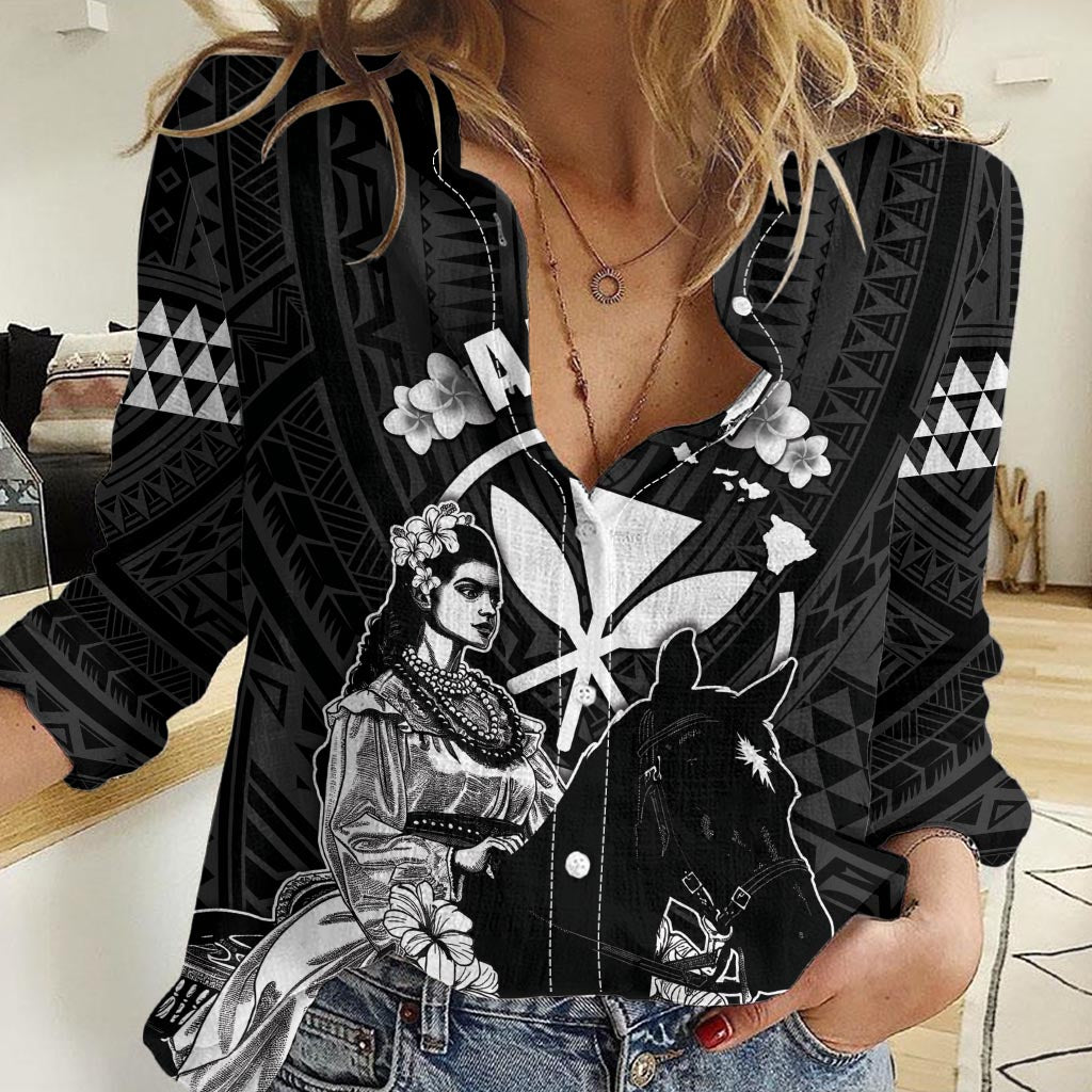 Hawaii King Kamehameha Day Parade Women Casual Shirt With Pa'u Riders Plumeria Kakau Tribal Pattern LT05 Female Black - Polynesian Pride