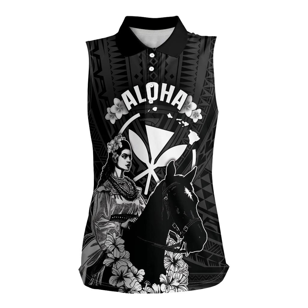 Hawaii King Kamehameha Day Parade Women Sleeveless Polo Shirt With Pa'u Riders Plumeria Kakau Tribal Pattern LT05 Female Black - Polynesian Pride