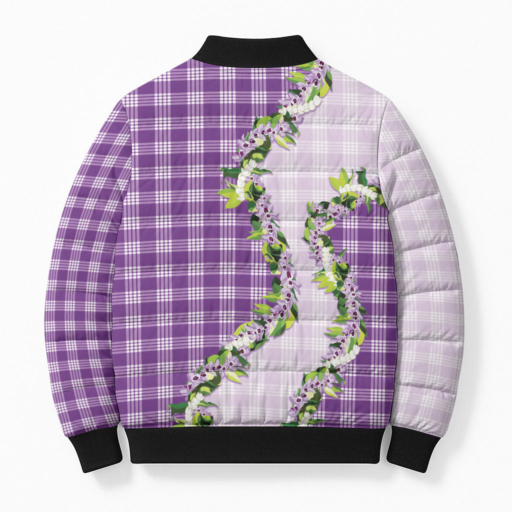 Violet Hawaii Palaka Bomber Puffer Jacket Maile Pikake Honohono Orchid Lei LT05 - Polynesian Pride