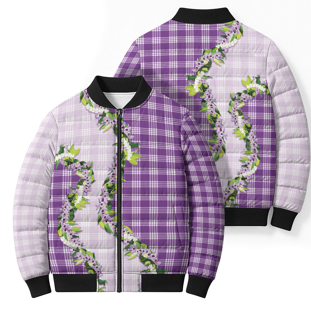Violet Hawaii Palaka Bomber Puffer Jacket Maile Pikake Honohono Orchid Lei LT05 - Polynesian Pride