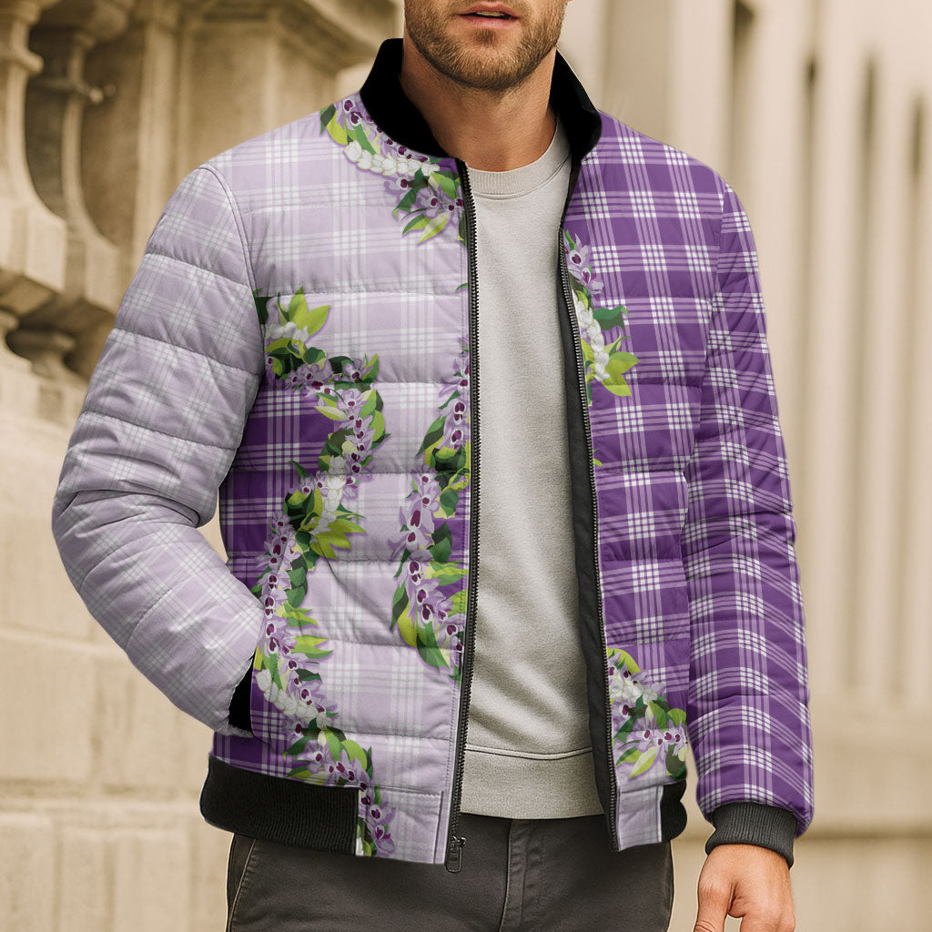 Violet Hawaii Palaka Bomber Puffer Jacket Maile Pikake Honohono Orchid Lei LT05 - Polynesian Pride
