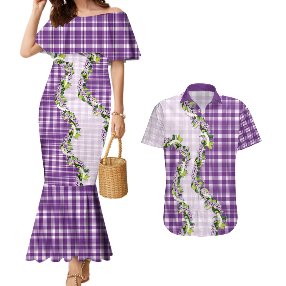 Violet Hawaii Palaka Couples Matching Mermaid Dress and Hawaiian Shirt Maile Pikake Honohono Orchid Lei