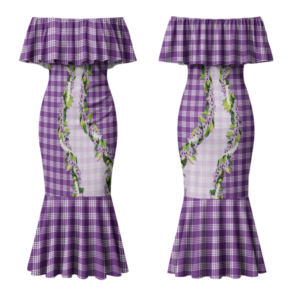 Violet Hawaii Palaka Couples Matching Mermaid Dress and Long Sleeve Button Shirt Maile Pikake Honohono Orchid Lei LT05 - Polynesian Pride