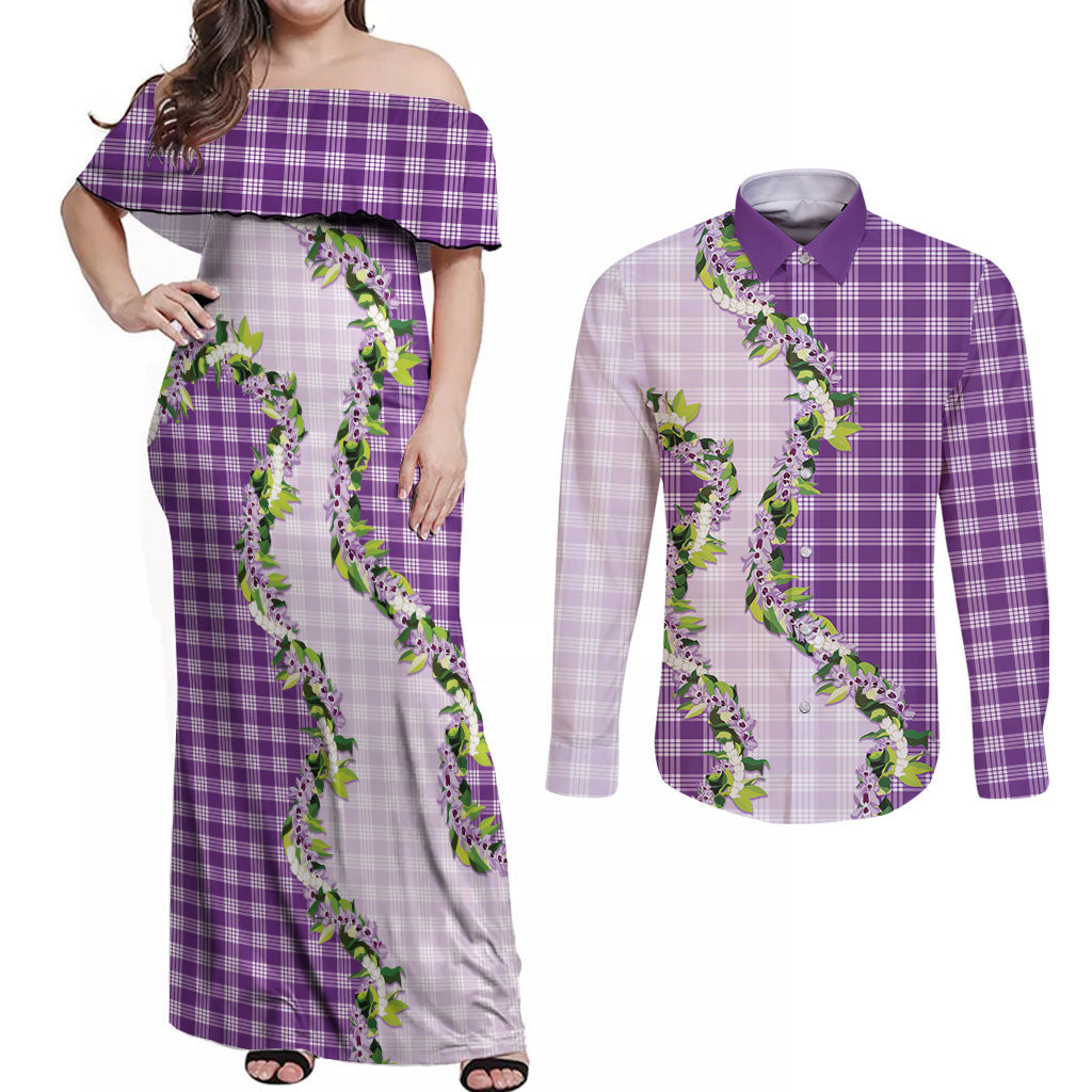 Violet Hawaii Palaka Couples Matching Off Shoulder Maxi Dress and Long Sleeve Button Shirt Maile Pikake Honohono Orchid Lei