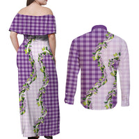 Violet Hawaii Palaka Couples Matching Off Shoulder Maxi Dress and Long Sleeve Button Shirt Maile Pikake Honohono Orchid Lei
