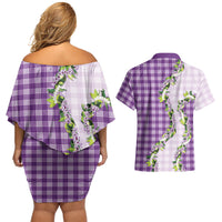 Violet Hawaii Palaka Couples Matching Off Shoulder Short Dress and Hawaiian Shirt Maile Pikake Honohono Orchid Lei LT05 - Polynesian Pride