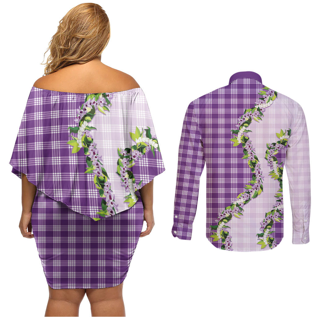 Violet Hawaii Palaka Couples Matching Off Shoulder Short Dress and Long Sleeve Button Shirt Maile Pikake Honohono Orchid Lei