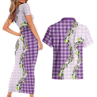 Violet Hawaii Palaka Couples Matching Short Sleeve Bodycon Dress and Hawaiian Shirt Maile Pikake Honohono Orchid Lei LT05 - Polynesian Pride