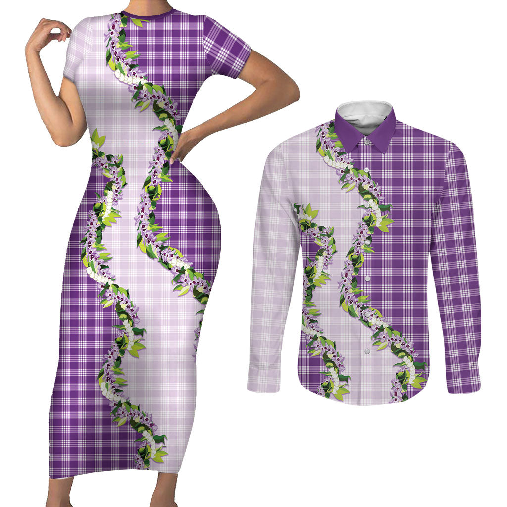 Violet Hawaii Palaka Couples Matching Short Sleeve Bodycon Dress and Long Sleeve Button Shirt Maile Pikake Honohono Orchid Lei