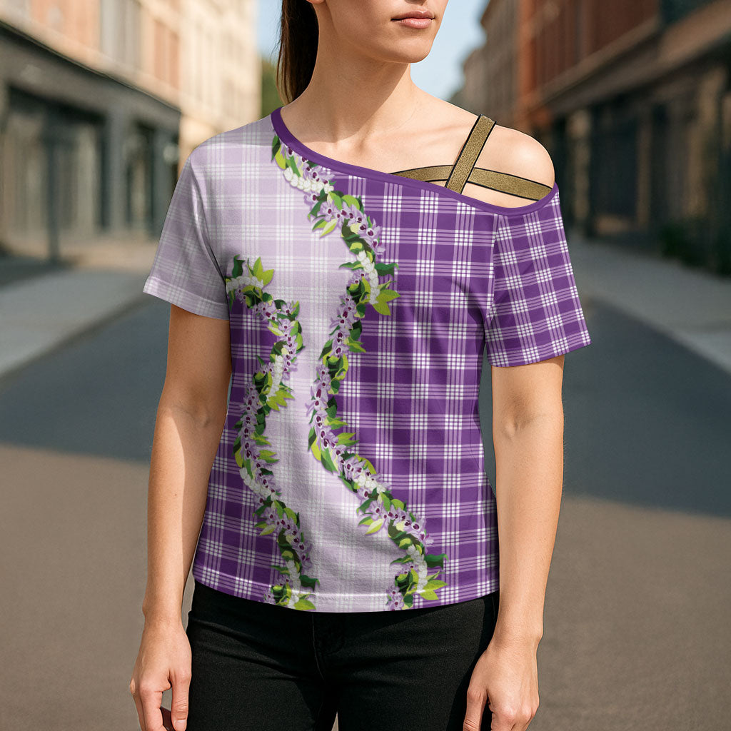 Violet Hawaii Palaka Cross Shoulder Shirt Maile Pikake Honohono Orchid Lei