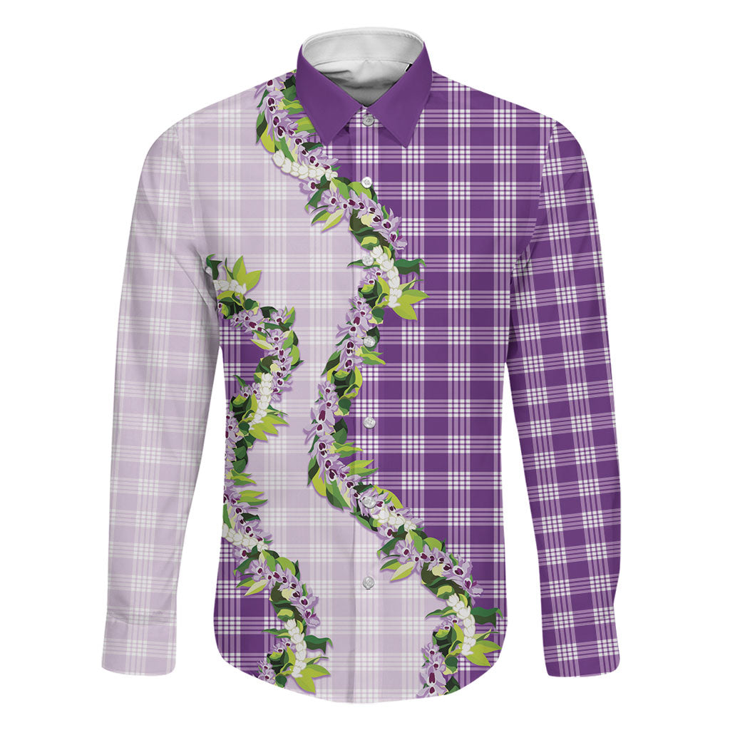 Violet Hawaii Palaka Family Matching Off The Shoulder Long Sleeve Dress and Hawaiian Shirt Maile Pikake Honohono Orchid Lei LT05 Dad's Shirt - Long Sleeve Violet - Polynesian Pride
