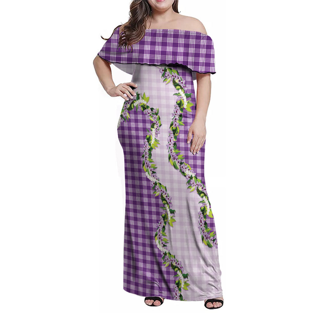 Violet Hawaii Palaka Family Matching Off Shoulder Maxi Dress and Hawaiian Shirt Maile Pikake Honohono Orchid Lei LT05 Mom's Dress Violet - Polynesian Pride