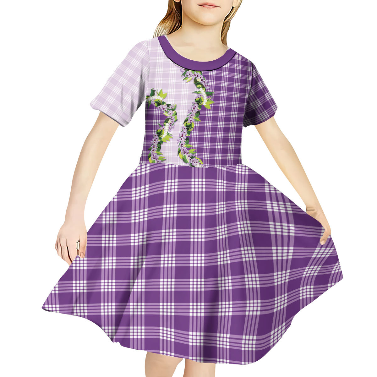 Violet Hawaii Palaka Kid Short Sleeve Dress Maile Pikake Honohono Orchid Lei