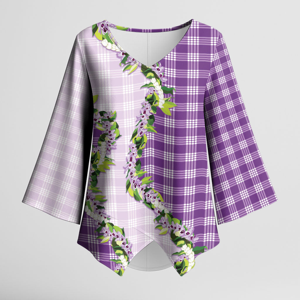 Violet Hawaii Palaka Kimono Sleeve Blouse Maile Pikake Honohono Orchid Lei