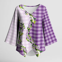 Violet Hawaii Palaka Kimono Sleeve Blouse Maile Pikake Honohono Orchid Lei