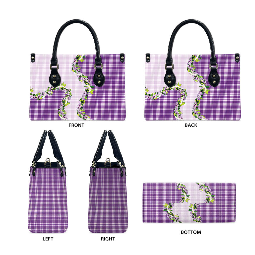 Violet Hawaii Palaka Leather Bag Maile Pikake Honohono Orchid Lei