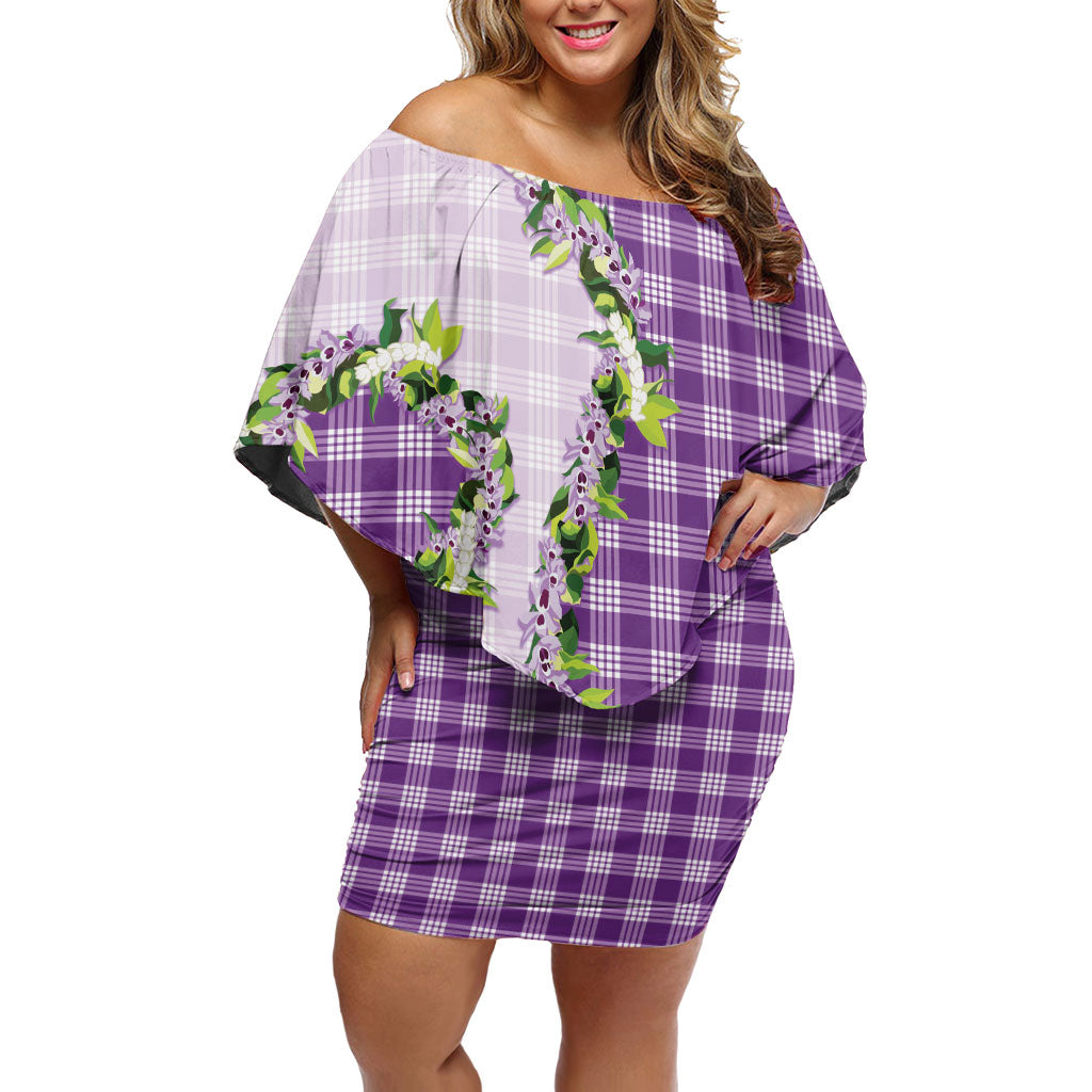 Violet Hawaii Palaka Off Shoulder Short Dress Maile Pikake Honohono Orchid Lei