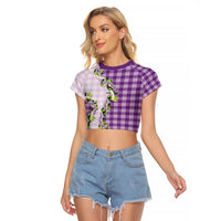 Violet Hawaii Palaka Raglan Cropped T Shirt Maile Pikake Honohono Orchid Lei