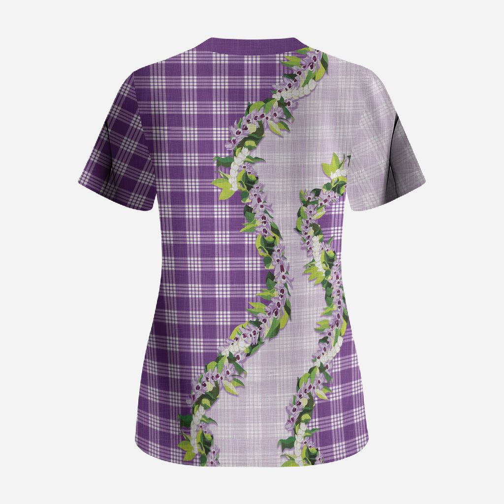 Violet Hawaii Palaka Scrub Top Maile Pikake Honohono Orchid Lei
