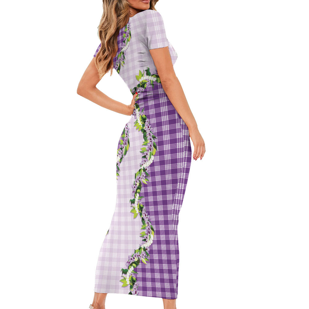 Violet Hawaii Palaka Short Sleeve Bodycon Dress Maile Pikake Honohono Orchid Lei