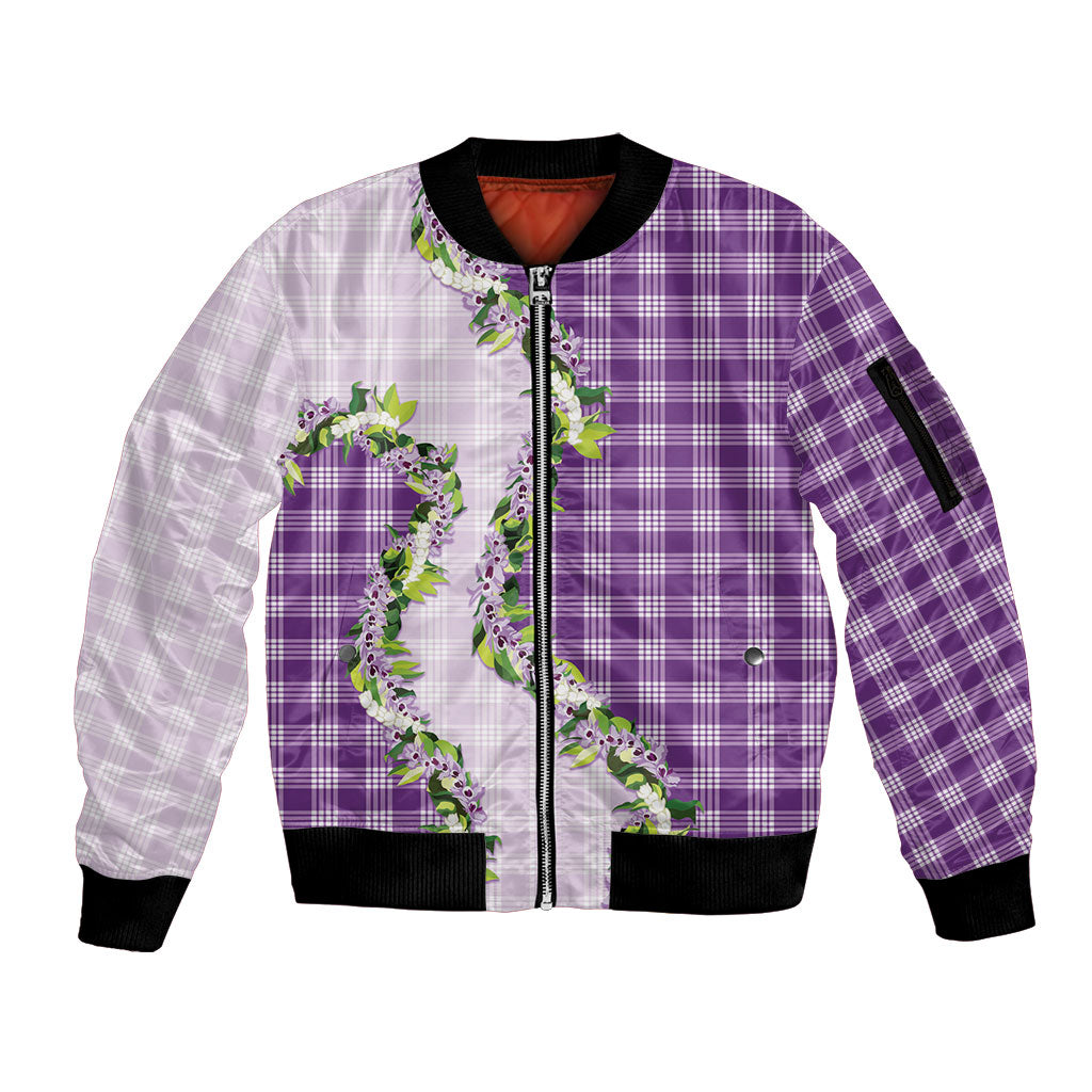 Violet Hawaii Palaka Sleeve Zip Bomber Jacket Maile Pikake Honohono Orchid Lei