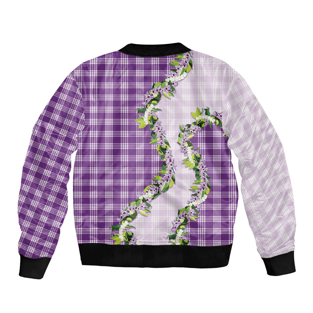 Violet Hawaii Palaka Sleeve Zip Bomber Jacket Maile Pikake Honohono Orchid Lei