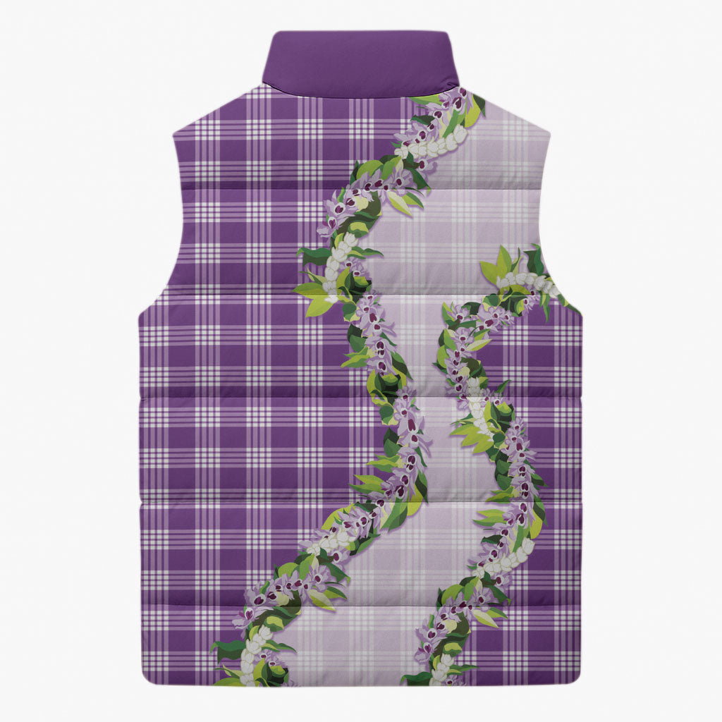 Violet Hawaii Palaka Sleeveless Puffer Jacket Maile Pikake Honohono Orchid Lei